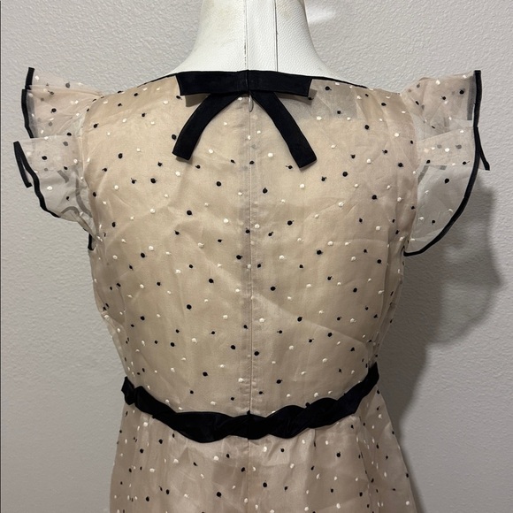 Valentino Beige Silk Polka Dots Embroidered Ruffle Sleeve Bow Waist Flare Dress - Picture 8 of 12